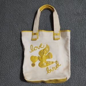 Tory Burch Love Bird Tote Bag White With Yellow Patent Leather Many Spots/Stains